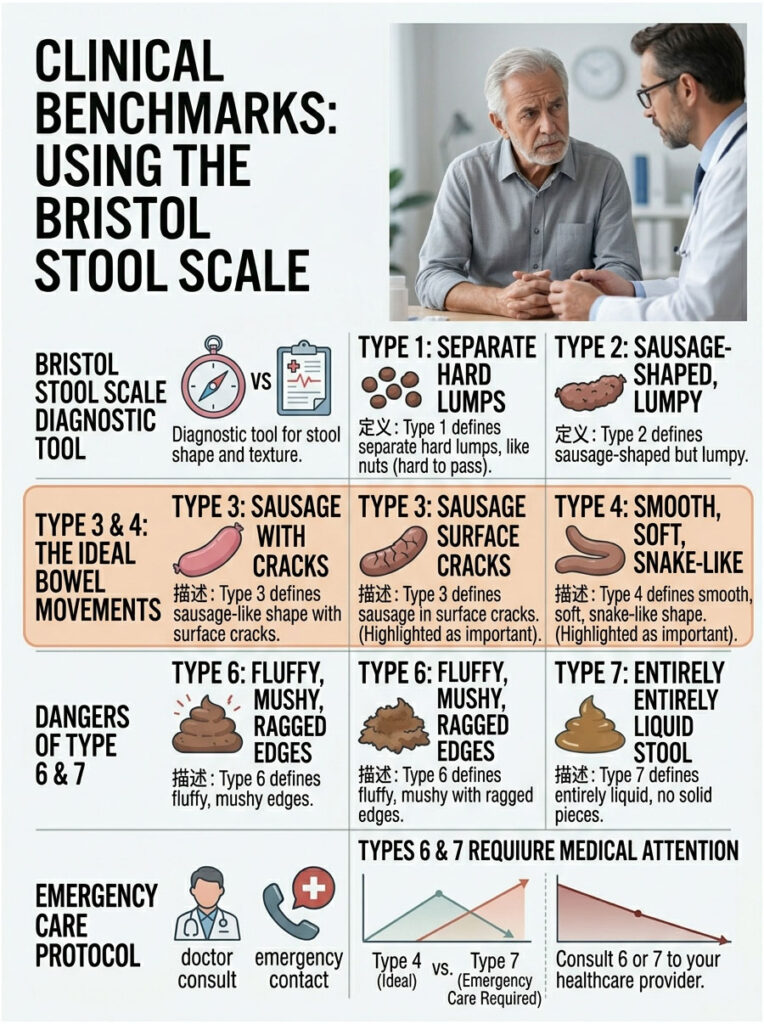 Infographic explaining the Bristol Stool Scale with types, descriptions, and emergency care protocol.