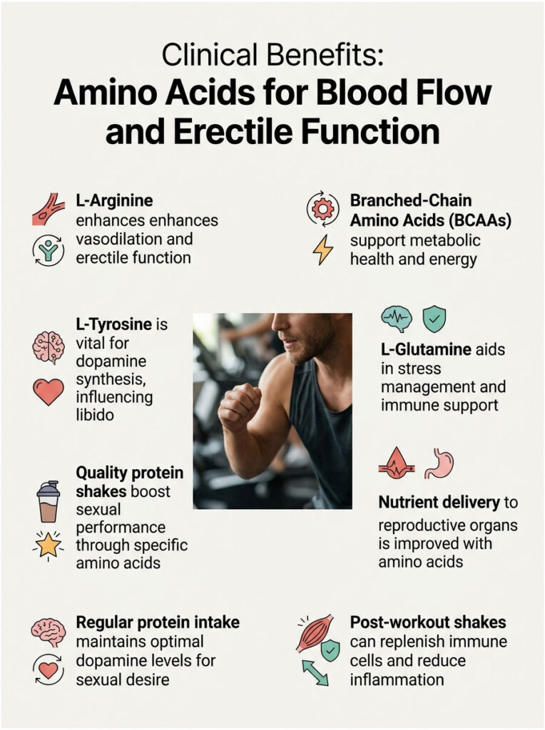 Infographic detailing clinical benefits of amino acids for blood flow and erectile function with icons and text.