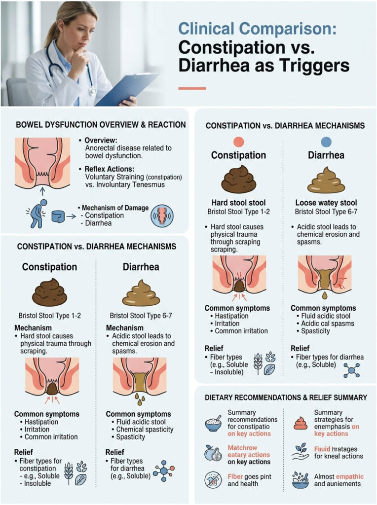Infographic comparing constipation and diarrhea, detailing symptoms, mechanisms, and dietary recommendations.