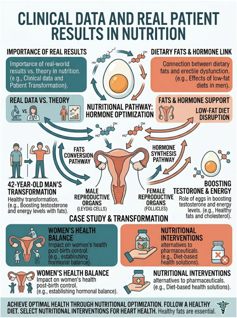 Infographic showing clinical data in nutrition, including hormone pathways, transformations, and health impacts.