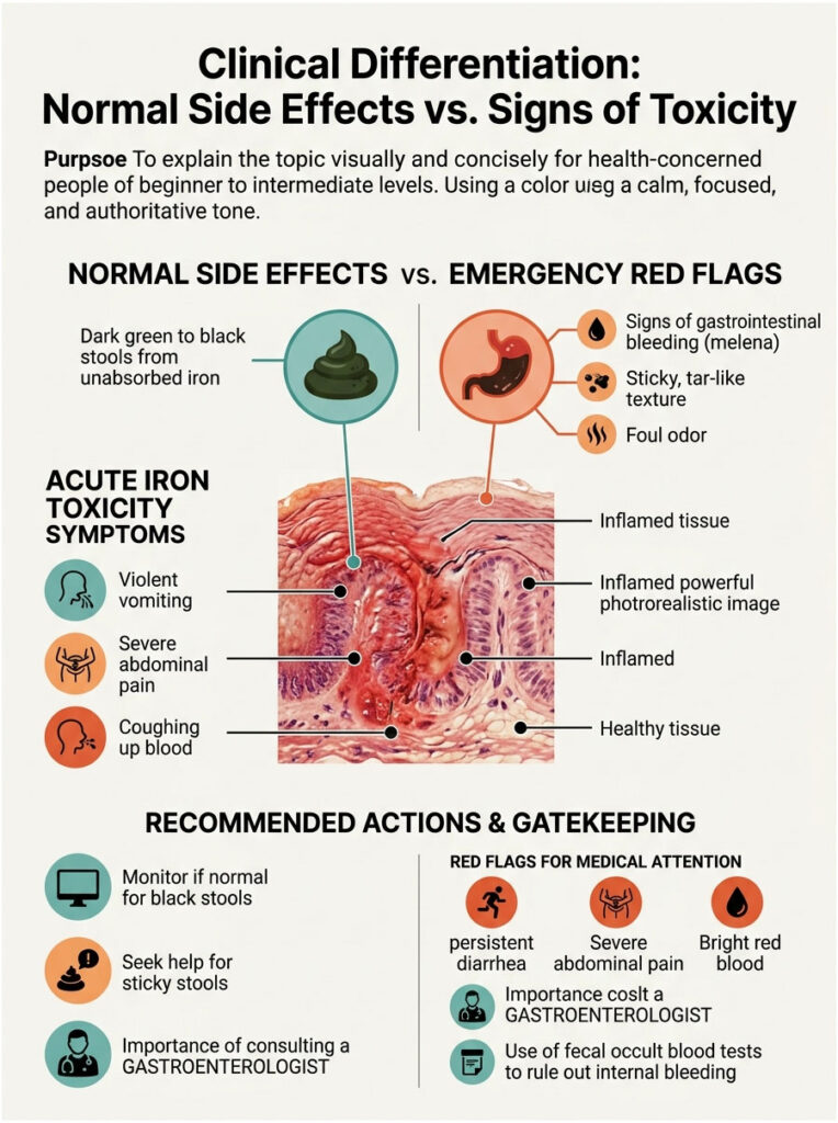 Infographic comparing normal side effects and emergency red flags of iron toxicity with symptoms and actions.