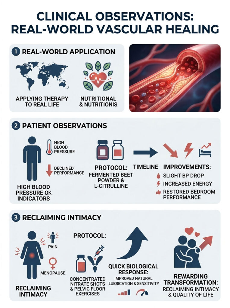 Infographic showing clinical observations on vascular healing, including applications, patient observations, and intimacy reclaiming.
