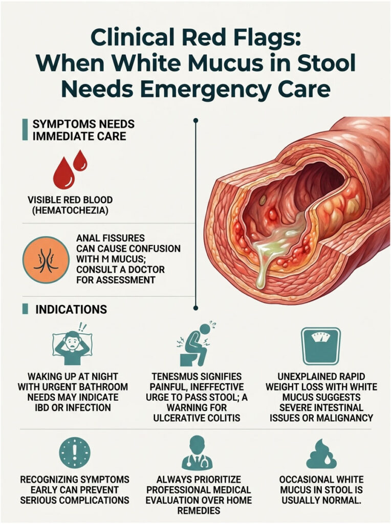 Infographic showing clinical red flags for white mucus in stool, including symptoms and indications for emergency care.