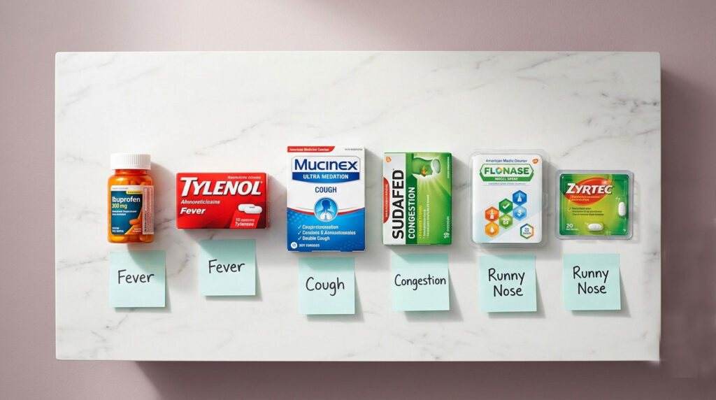 A collection of cold and allergy medications on a marble surface with labels for symptoms like fever and cough.