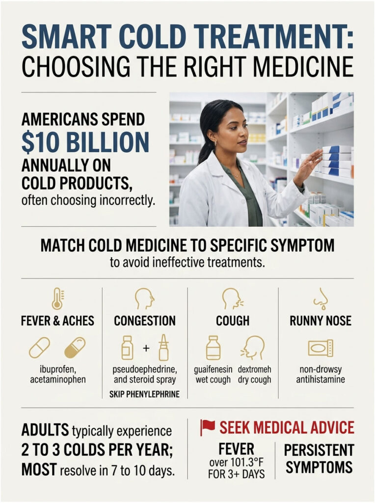 Infographic on cold treatment choices, showing spending, symptoms, and recommended medications for adults.