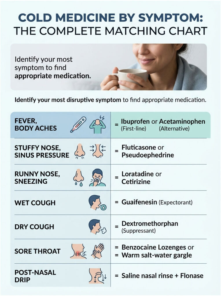 Infographic showing cold medicine recommendations based on symptoms like fever, cough, and sore throat.