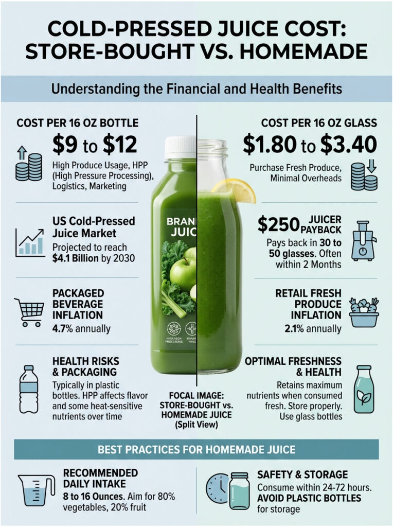 Comparison of cold-pressed juice costs: store-bought vs. homemade, showing prices, benefits, and statistics. Infographic.