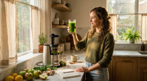 A woman in a green sweater holds a glass of green juice in a bright kitchen with fruits and a juicer nearby.