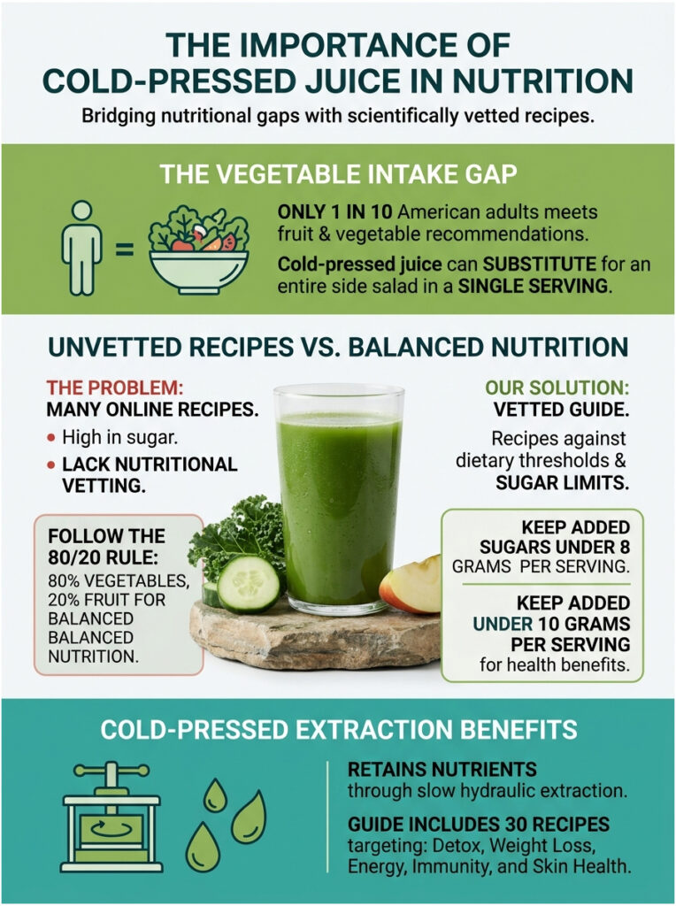 Infographic showing benefits of cold-pressed juice, including vegetable intake gap and sugar limits for recipes.