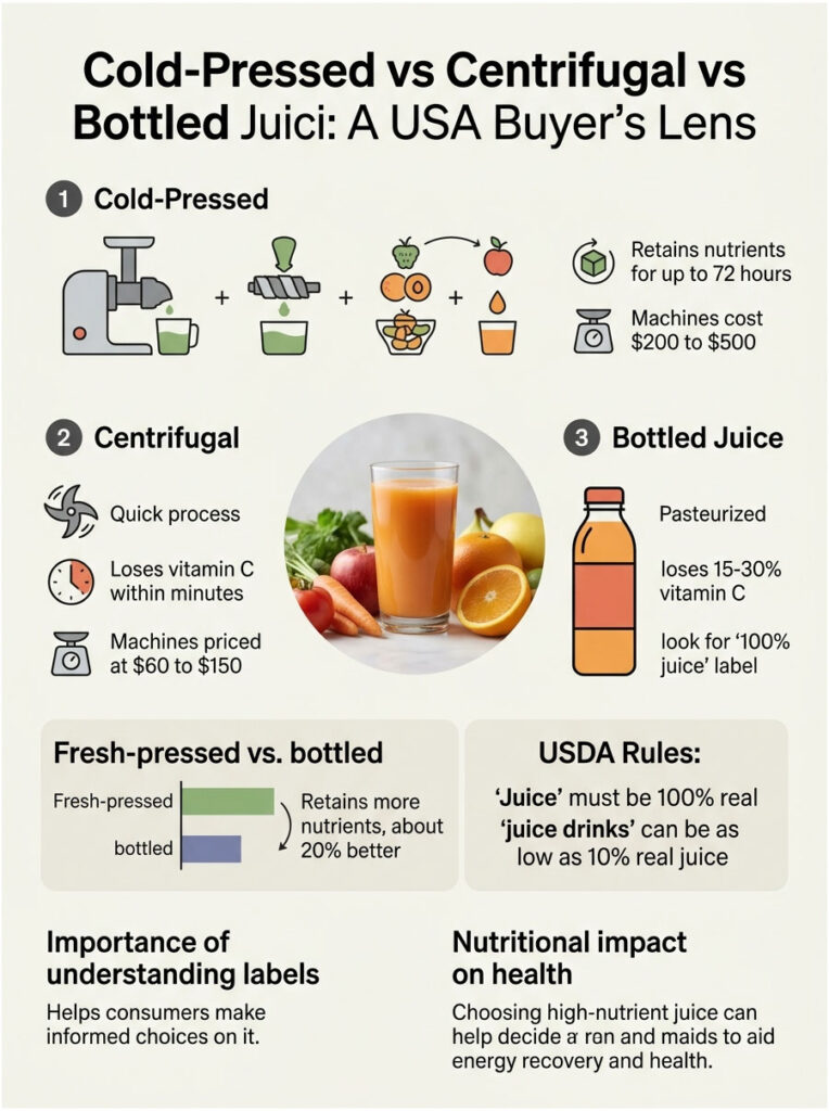 Infographic comparing cold-pressed, centrifugal, and bottled juice with key data on nutrients and costs.
