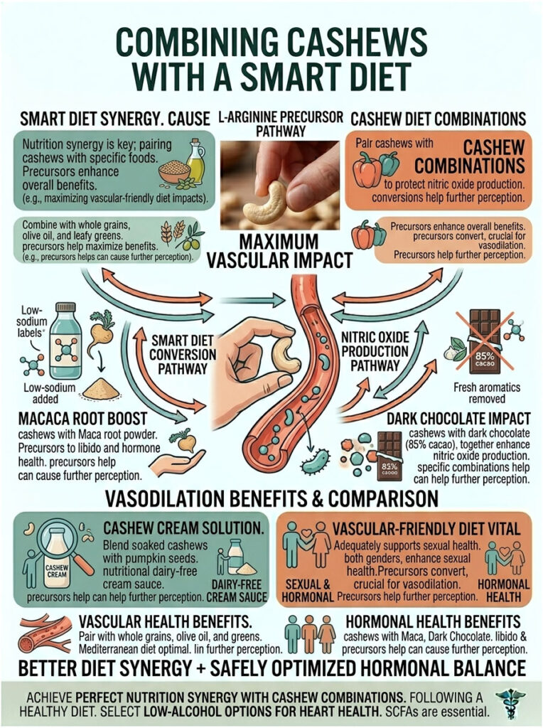 Infographic showing benefits of combining cashews with a smart diet, including pathways and combinations for vascular health.