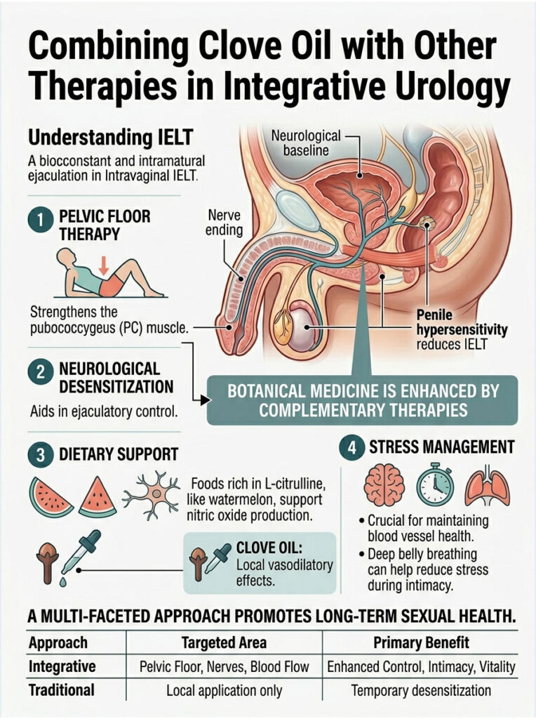 Infographic showing clove oil therapies for integrative urology, including pelvic floor therapy and dietary support.