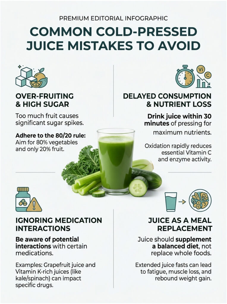 Infographic showing common cold-pressed juice mistakes, including over-fruiting, nutrient loss, and medication interactions.