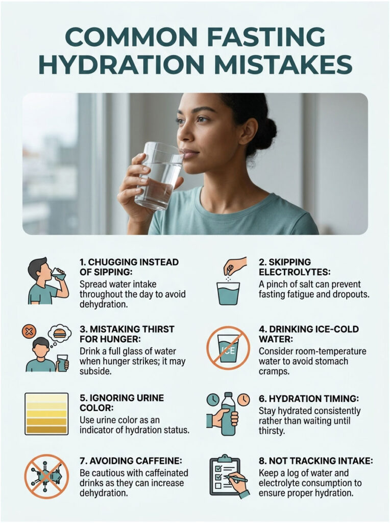 Woman drinks water while learning about common fasting hydration mistakes in an infographic format.