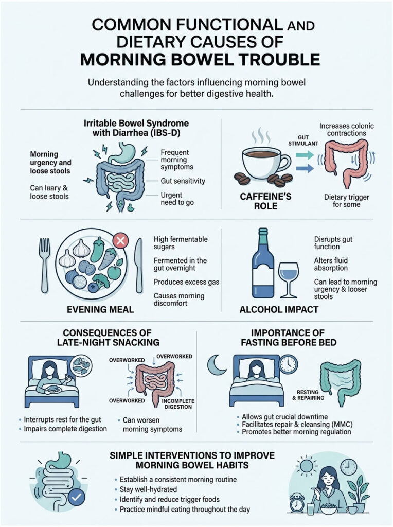 Infographic showing causes of morning bowel trouble, including IBS-D, caffeine, alcohol, and dietary tips.