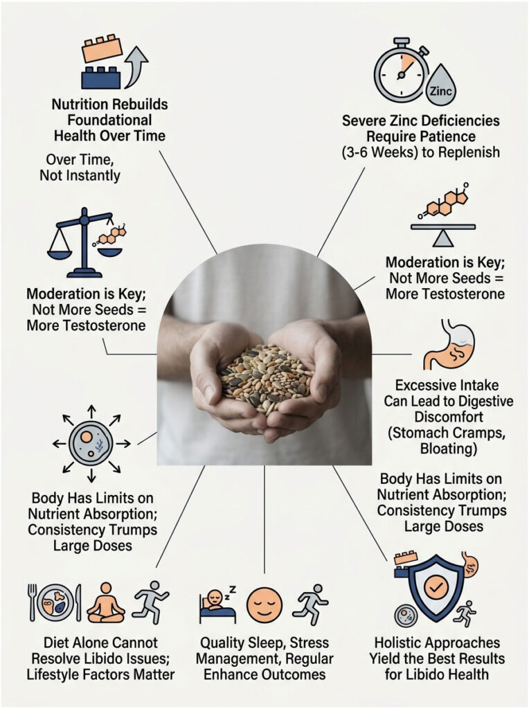 Hands holding seeds with text on nutrition, zinc, and lifestyle factors affecting testosterone and libido health. Infographic.