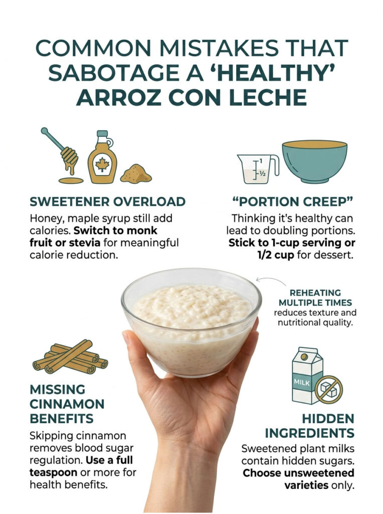 Infographic showing common mistakes for healthy Arroz con Leche, including sweeteners and portion sizes.
