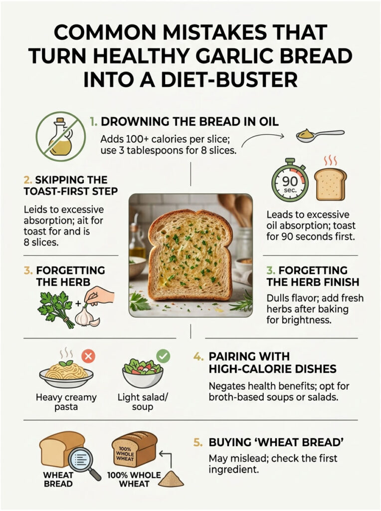Infographic showing common mistakes for healthy garlic bread, including oil, toasting, herbs, and pairings.