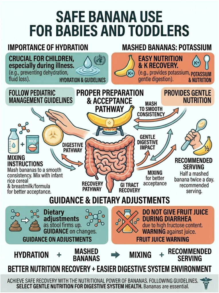 Infographic on safe banana use for babies and toddlers, highlighting hydration, nutrition, and preparation guidelines.