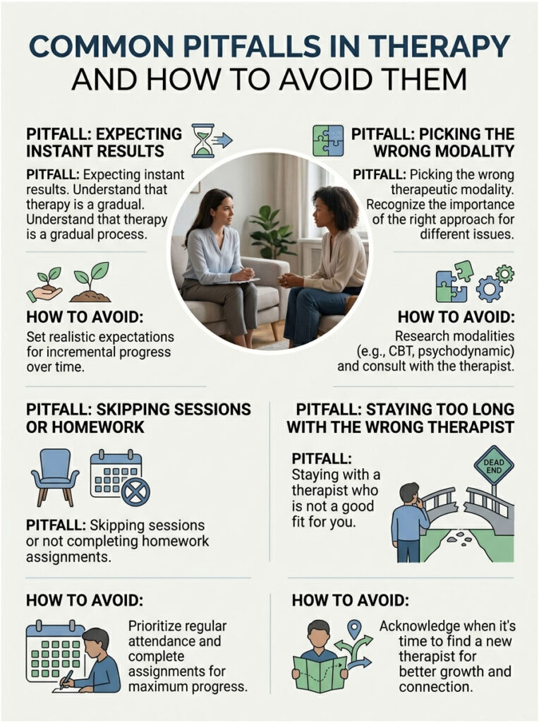 Infographic illustrating common therapy pitfalls and solutions, featuring text, icons, and illustrations of therapy sessions.