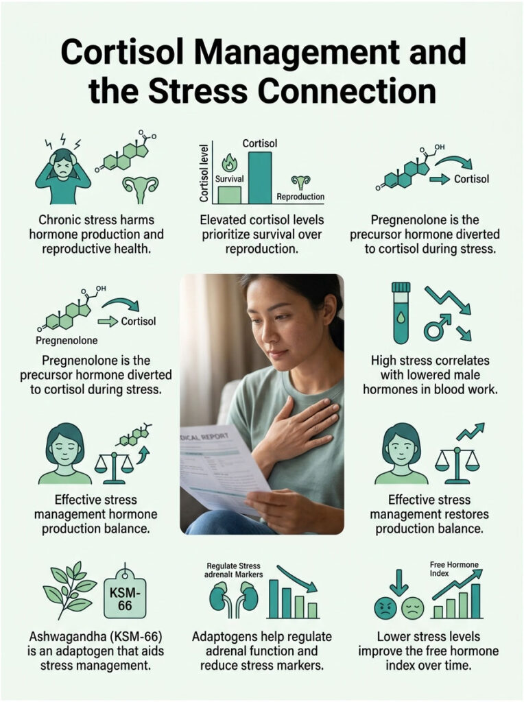 Infographic on cortisol management showing stress effects, hormone balance, and adaptogens like Ashwagandha.
