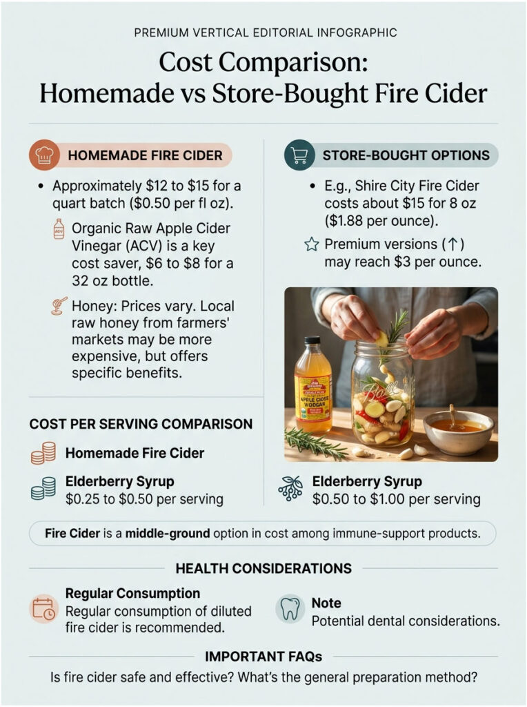 Infographic comparing costs of homemade fire cider and store-bought options with health considerations and FAQs.