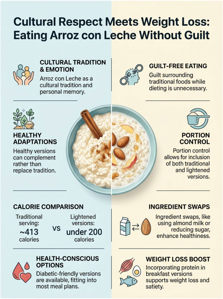 Infographic showing cultural respect in weight loss with Arroz con Leche, featuring calorie comparisons and healthy adaptations.