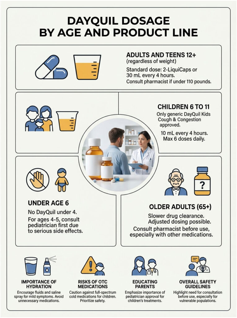 Infographic detailing DayQuil dosage recommendations by age, including charts and icons for adults, children, and safety tips.
