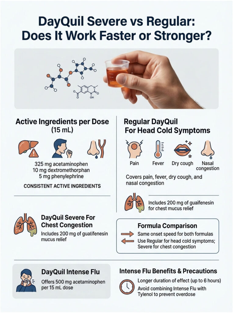 Infographic comparing DayQuil Severe and Regular, detailing ingredients, symptoms, and usage recommendations.