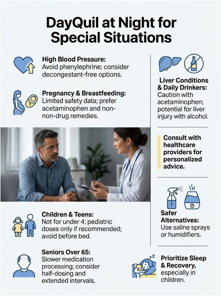 Infographic detailing DayQuil usage for special situations, including health conditions and recommendations.