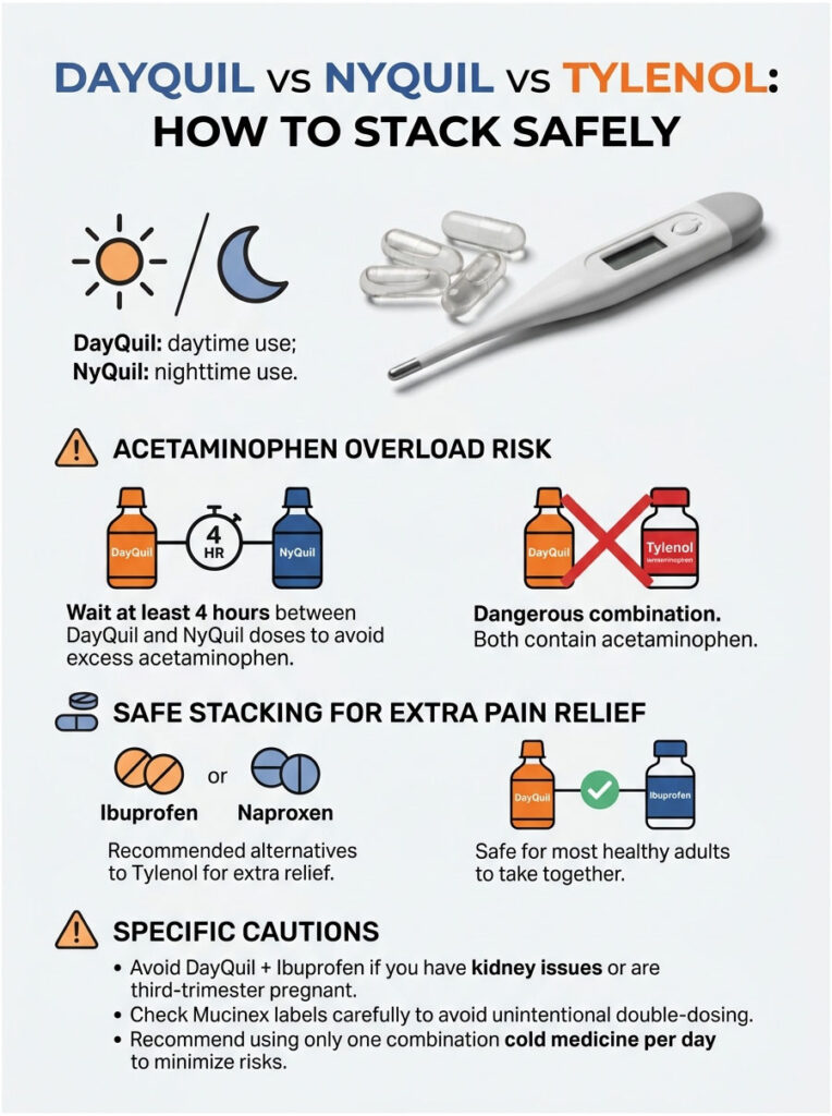 Infographic comparing DayQuil, NyQuil, and Tylenol, showing dosage guidelines and risks of acetaminophen overload.