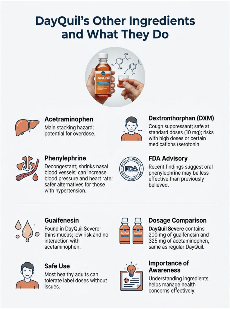 Infographic detailing DayQuil ingredients, effects, and safety information with icons and charts.