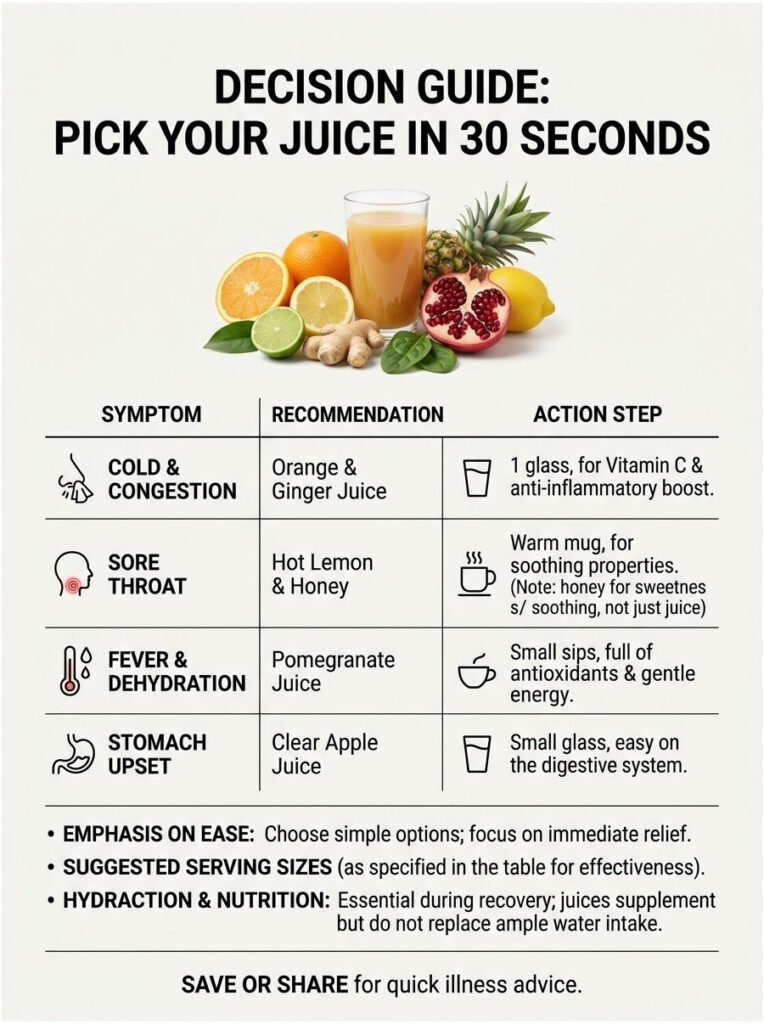 Infographic showing juice recommendations for cold symptoms with images of fruits and action steps for each juice.