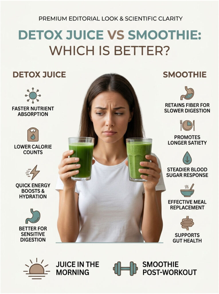 Woman holds detox juice and smoothie, comparing benefits like nutrient absorption and digestion. Infographic.