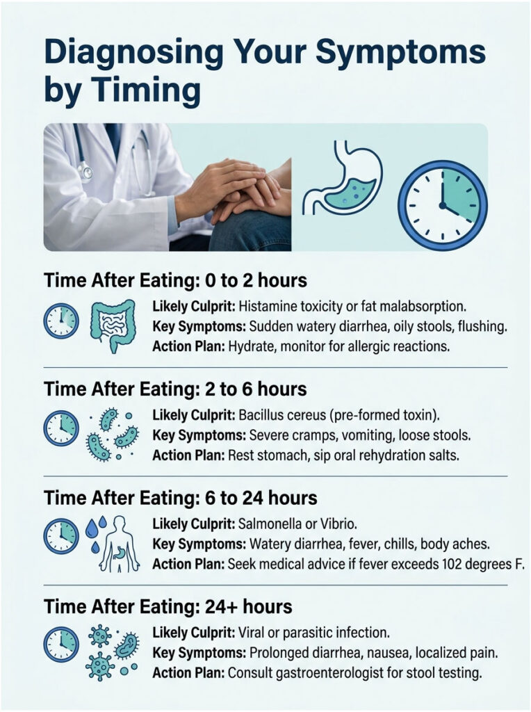 Infographic detailing symptom diagnosis by timing after eating, with culprits, symptoms, and action plans for each time frame.