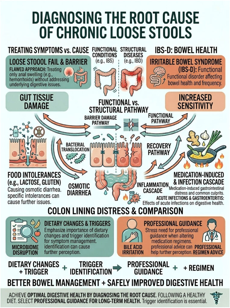 Infographic diagnosing chronic loose stools with pathways, causes, and dietary changes illustrated.