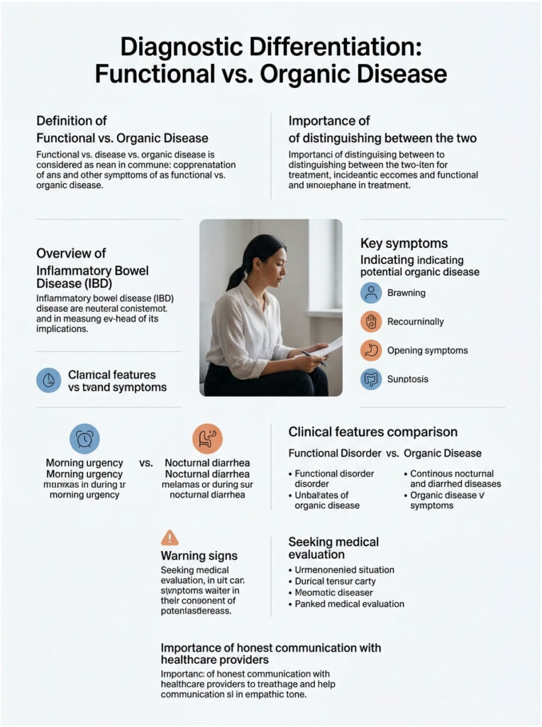 Infographic comparing functional and organic disease, featuring definitions, symptoms, and clinical features.