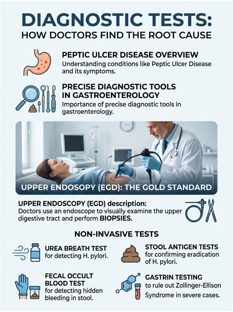 Infographic detailing diagnostic tests for peptic ulcer disease, including endoscopy and non-invasive tests.