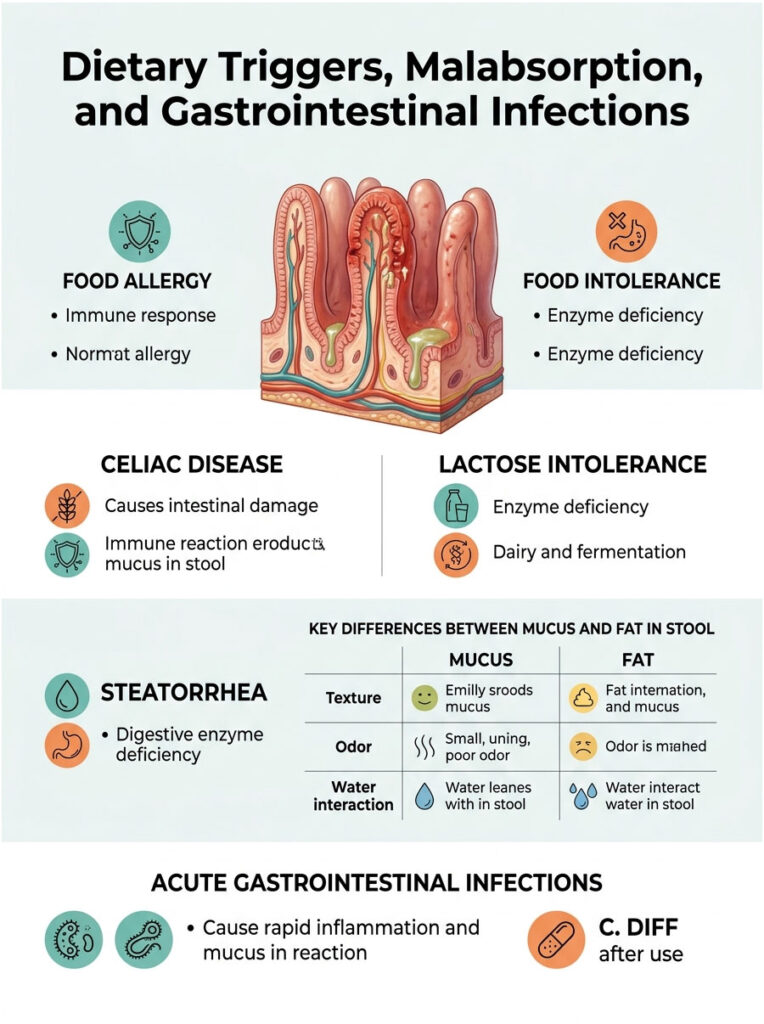 Infographic showing dietary triggers, malabsorption, and gastrointestinal infections with charts and illustrations.