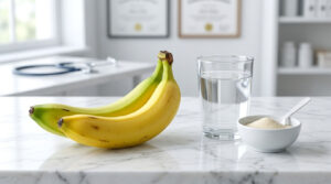 A bunch of ripe bananas, a glass of water, and a bowl of powder on a marble countertop in a bright room.
