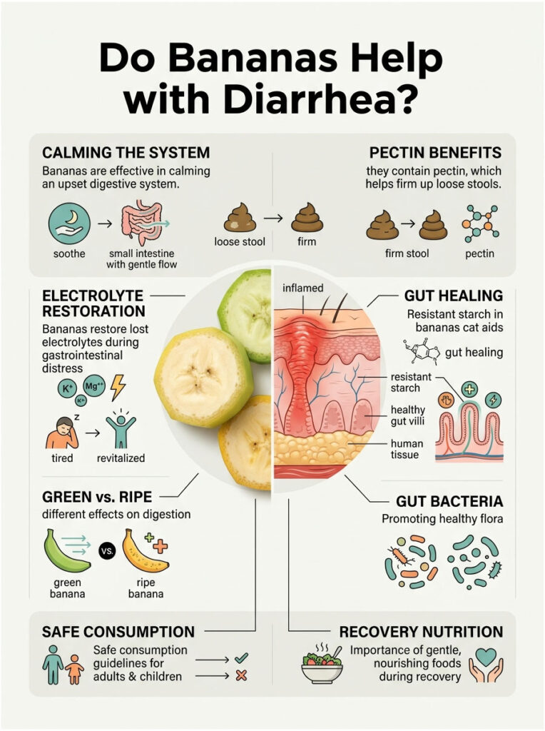 Infographic explaining how bananas help with diarrhea, featuring charts and icons on digestion and nutrition.