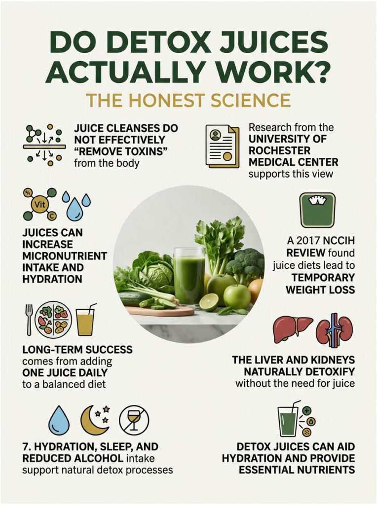 Infographic discussing detox juices, highlighting benefits, research, and hydration tips with illustrations of fruits and vegetables.