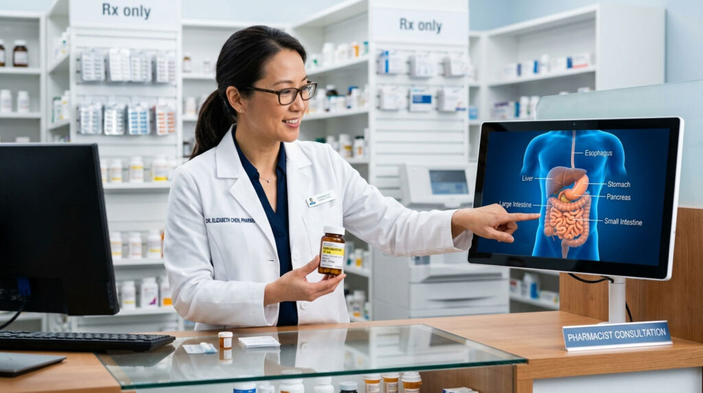 A pharmacist points to a digital display of the digestive system while holding a medicine bottle in a pharmacy.