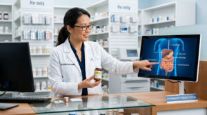 A pharmacist points to a digital display of the digestive system while holding a medicine bottle in a pharmacy.