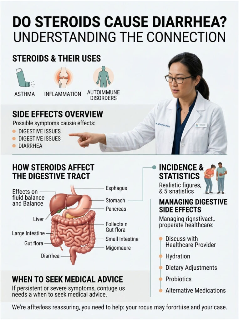 Infographic explaining the connection between steroids and diarrhea, showing uses, side effects, and digestive impacts.