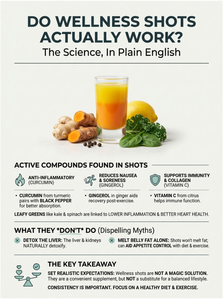 Infographic showing wellness shots benefits, including curcumin, gingerol, and vitamin C with illustrations of ingredients.