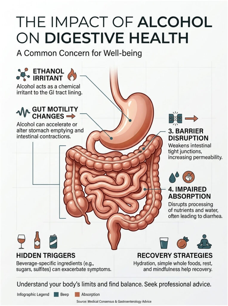 Infographic showing the impact of alcohol on digestive health, including gut motility changes and recovery strategies.