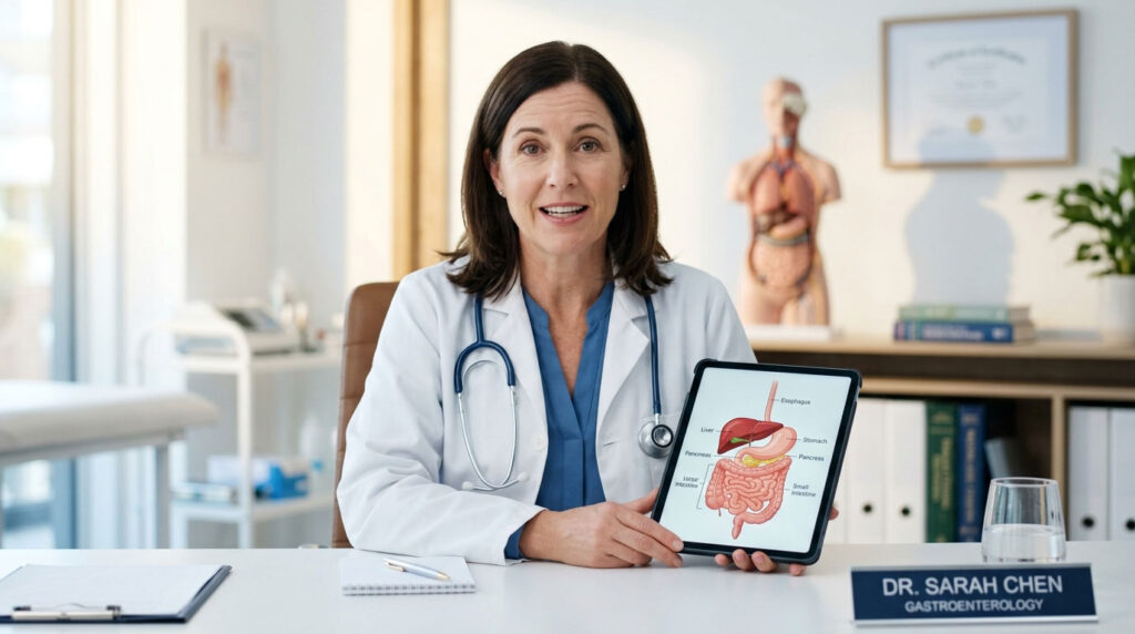 A female doctor holds a tablet displaying a digestive system diagram in a medical office setting.