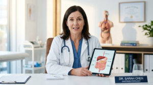 A female doctor holds a tablet displaying a digestive system diagram in a medical office setting.