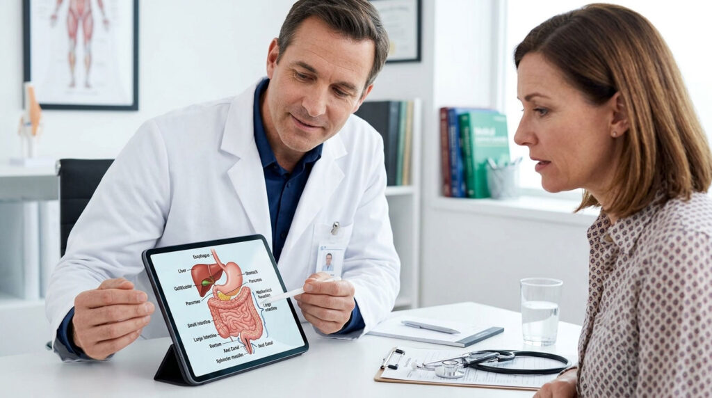 A doctor explains digestive system anatomy on a tablet to a patient in a medical office.